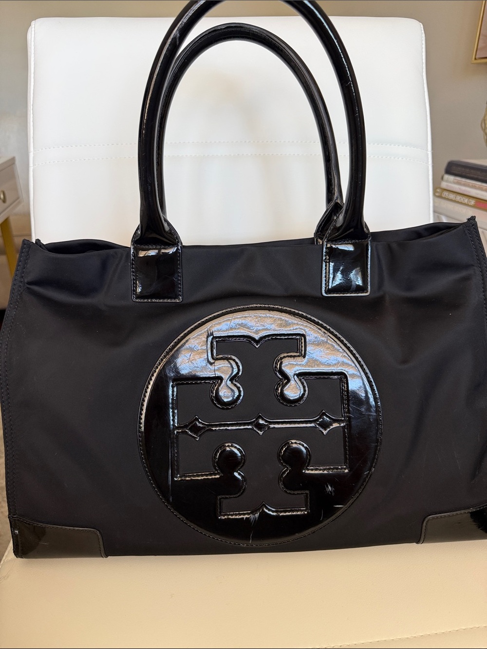 Tory Burch Black Nylon Tote with Patent Trim